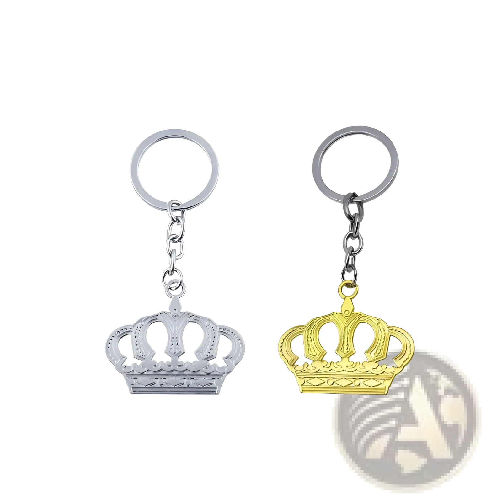 Two metallic crown metal keychains in silver and gold with ornate design and circular ring attachments