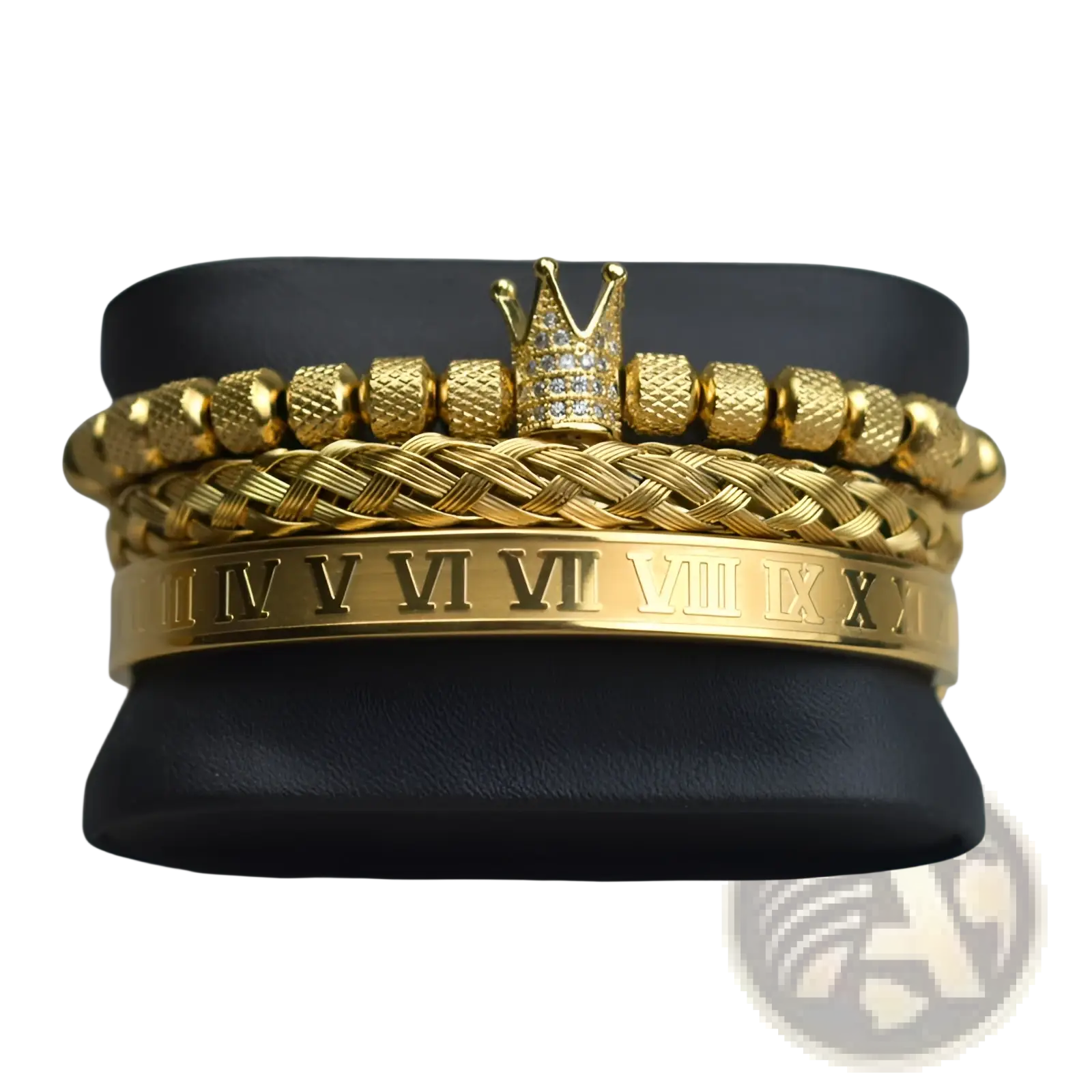 Golden crown-adorned diamond beaded bracelet set with braided and roman numeral bands in gold tone