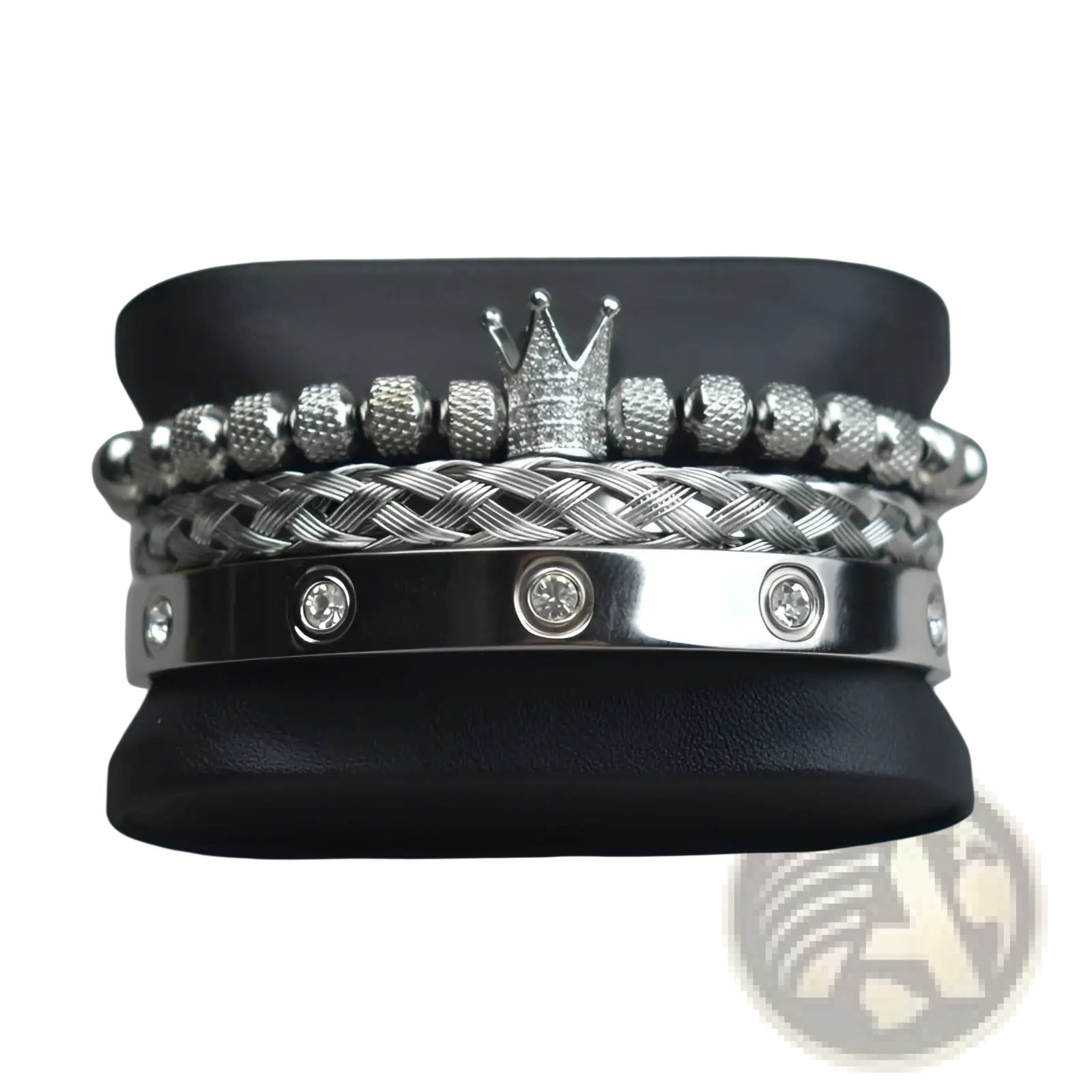 Silver-toned crown royal diamond beaded bracelet set with textured beads and braided metal bands accented by embedded crystals