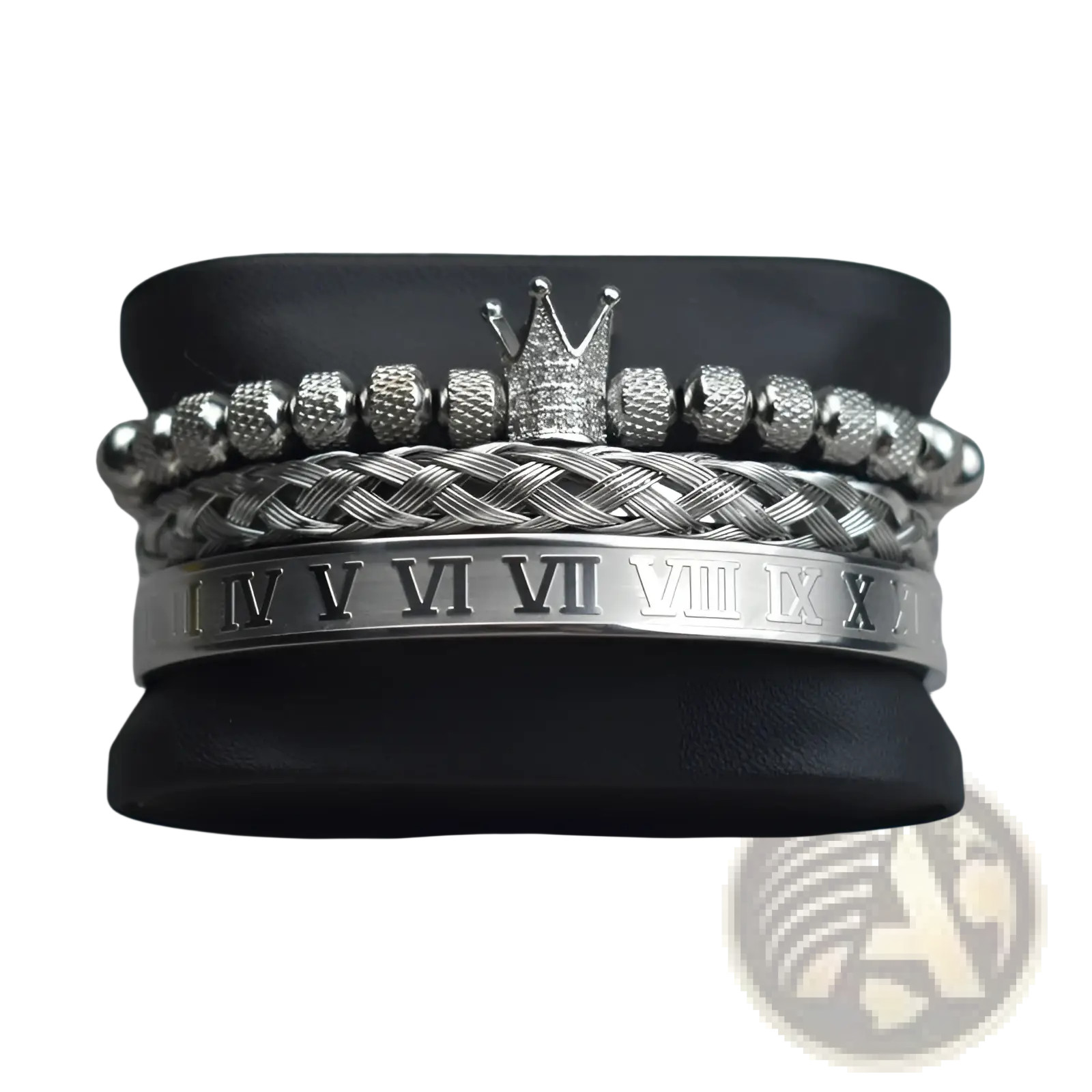Stacked silver-toned Crown Royal diamond beaded bracelet set with braided bands roman numeral engraving and crown accent