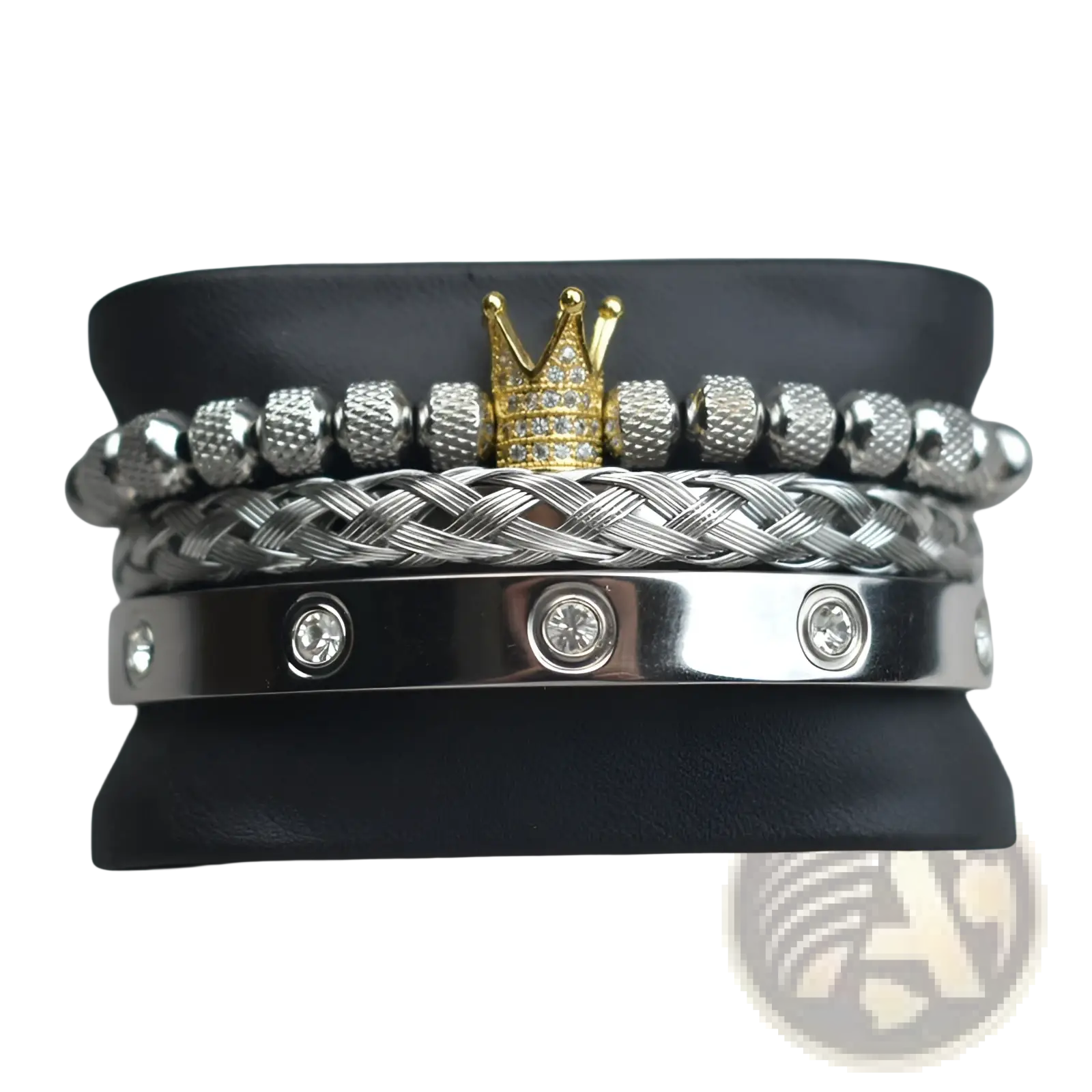 Stacked silver and gold crown royal diamond beaded bracelets with textured beads, braided metal links, and stainless steel band