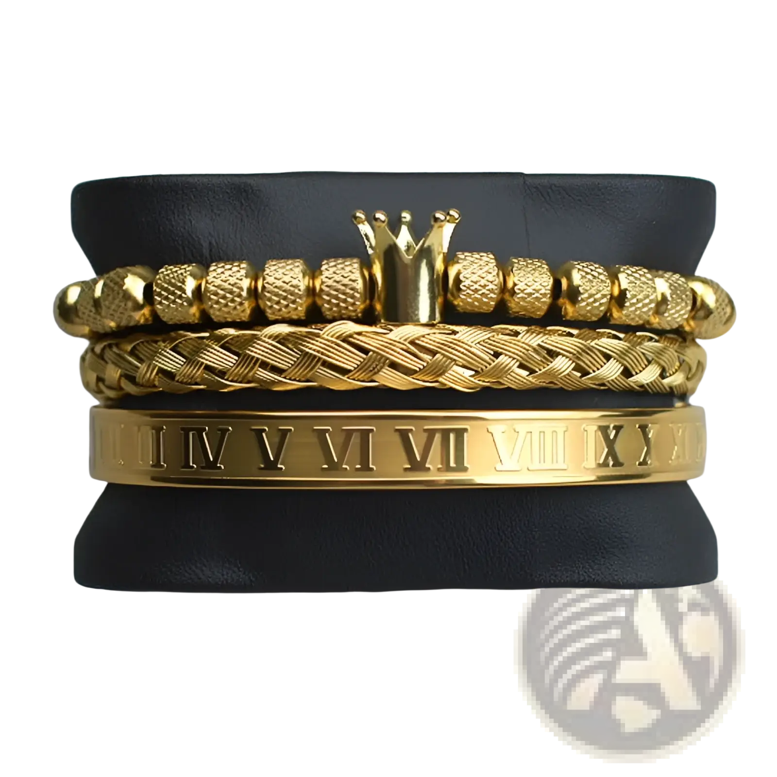 Set of four gold-toned crown royal diamond men’s bracelets with textured beads, braided chains, and roman numeral engraving