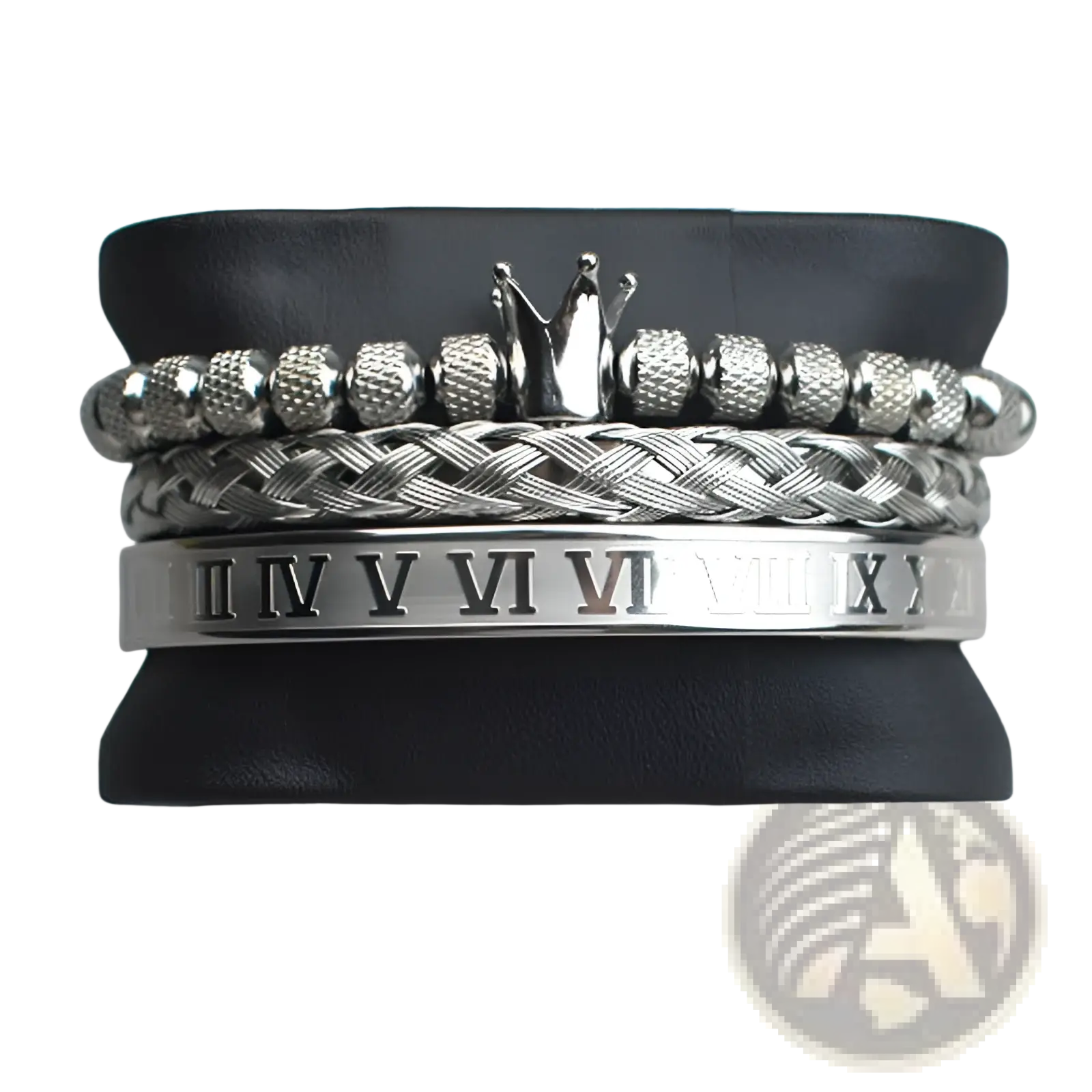 Silver-toned crown royal diamond beaded bracelet set with textured beads and braided stainless steel cuff with roman numerals