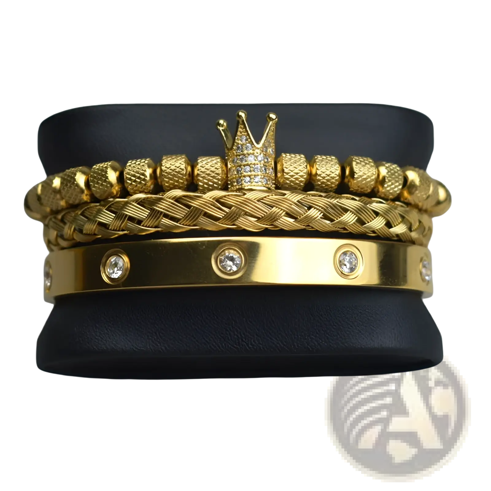 Gold-toned crown adorned beaded bracelet set with diamond accents and braided bands in a luxurious design