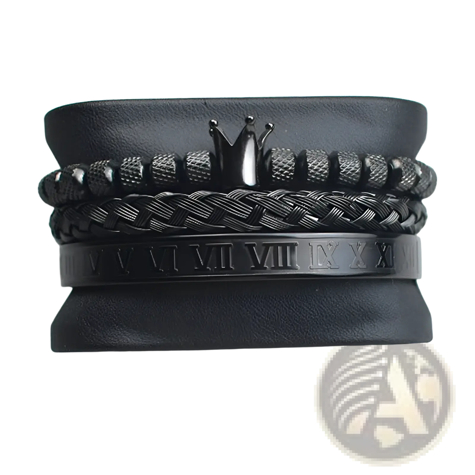 Black crown-adorned leather and braided bracelet set with textured beads and roman numeral detailing called Crown Royal Diamond Beaded Bracelet Set