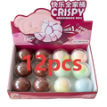 Pink and white cartoon-themed box containing twelve colorful handmade crispy blue stress ball sensory fidget toys with clear caps