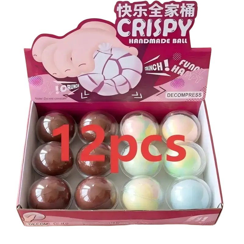 Pink and white cartoon-themed box containing twelve colorful handmade crispy blue stress ball sensory fidget toys with clear caps