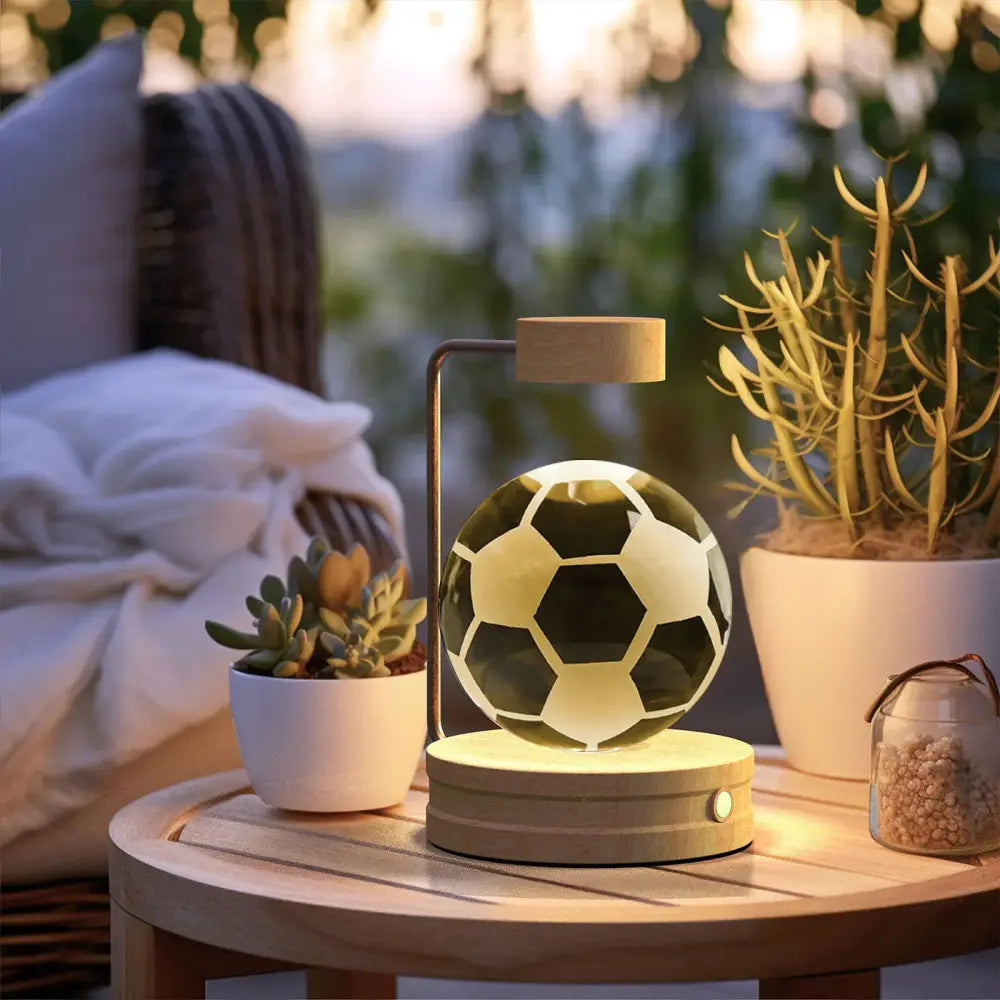 3d crystal ball dinosaur bedside lamp shaped like a floating black and white soccer ball with warm led light
