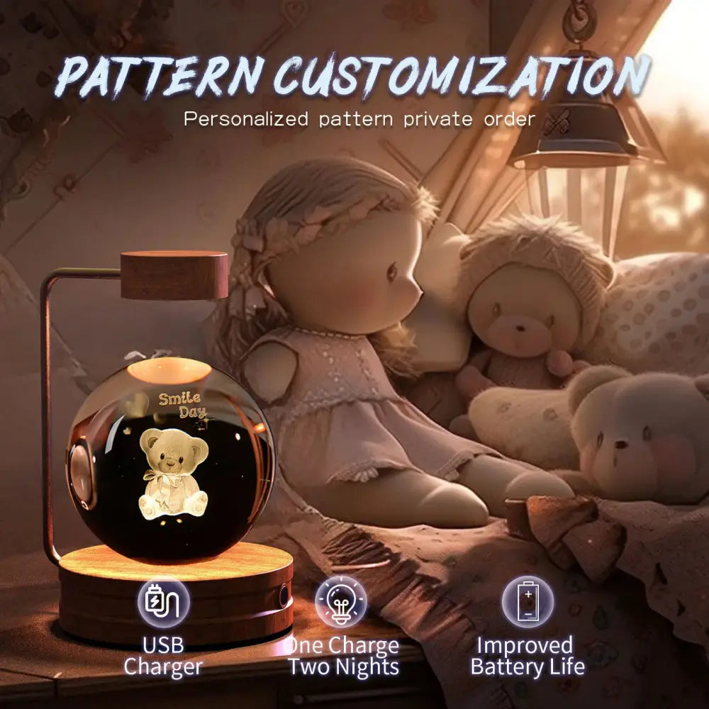 Glowing 3d crystal ball dinosaur night light with illuminated teddy bear design and smile day text on wooden base