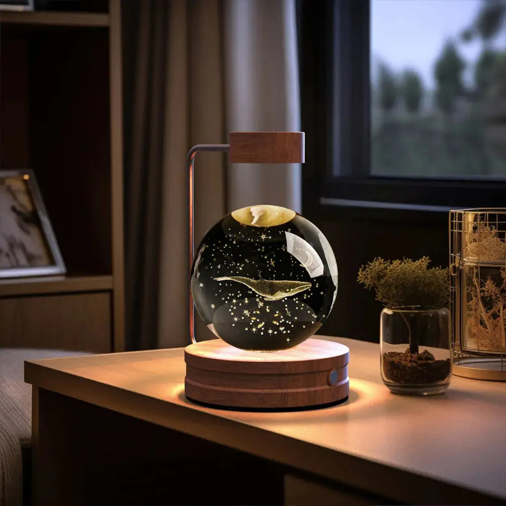 Floating black glass sphere 3d crystal ball dinosaur night light with golden whale star design on wooden usb base