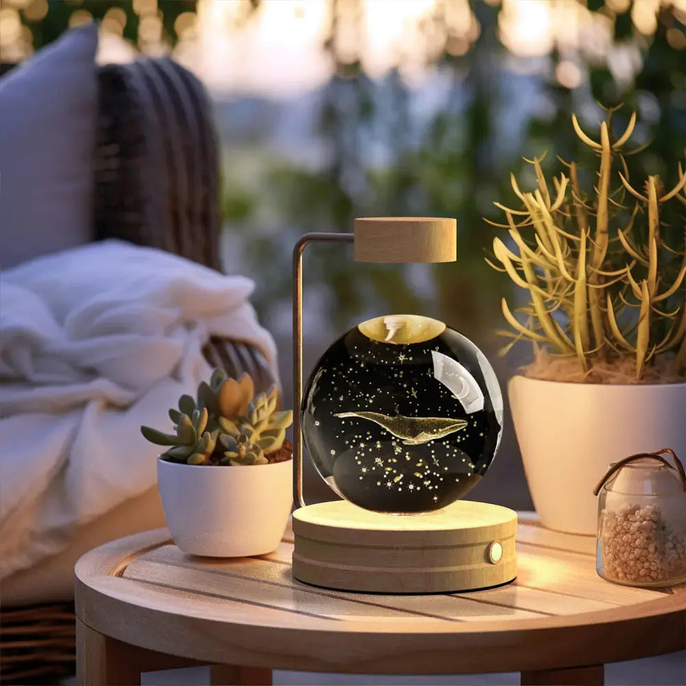 3d crystal ball dinosaur night light usb bedside lamp with floating black spherical lamp golden whale design on wooden base