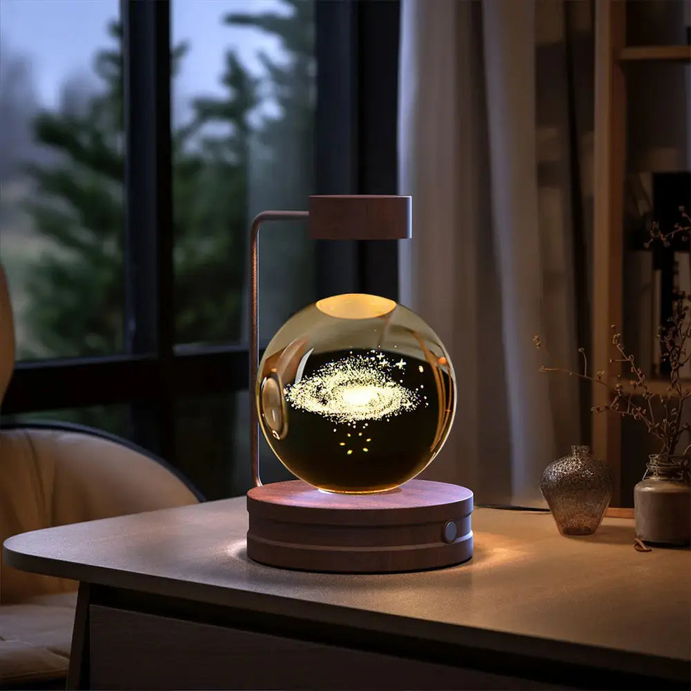 3d crystal ball dinosaur night light with a golden spherical led lamp galaxy design and metallic stand and base
