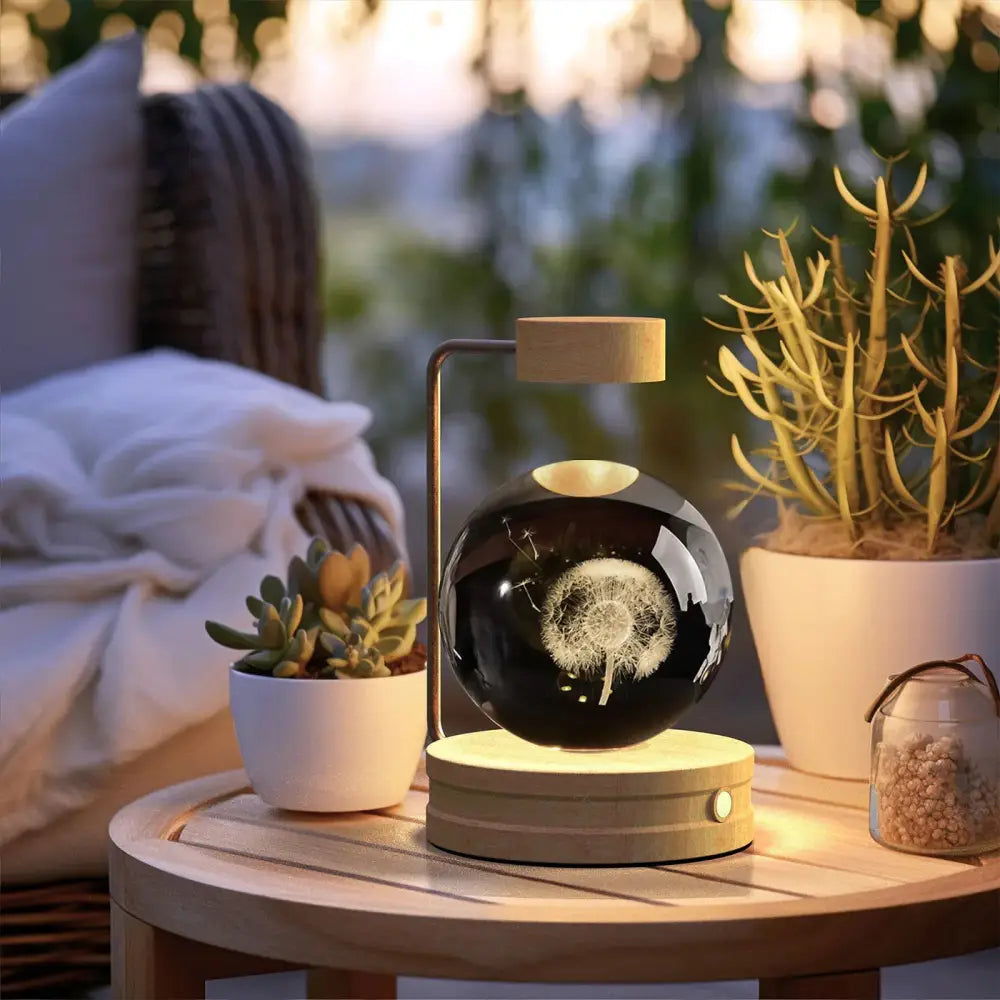Black 3d crystal ball dinosaur night light usb bedside lamp with sleek spherical led lamp and floating dandelion design