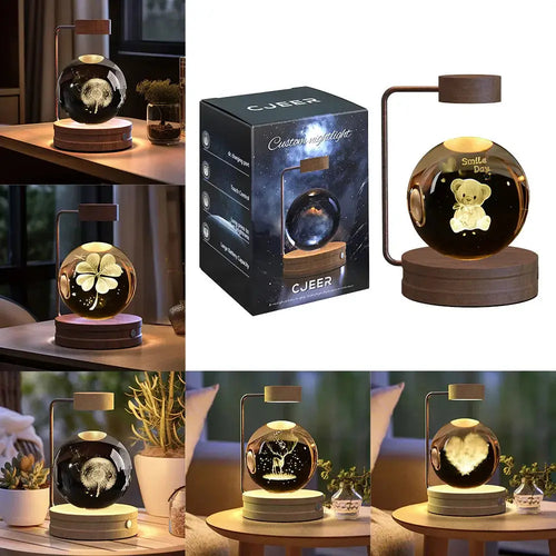 Cjer 3d crystal ball dinosaur night light usb lamp with floating glass sphere featuring illuminated flowers bears hearts