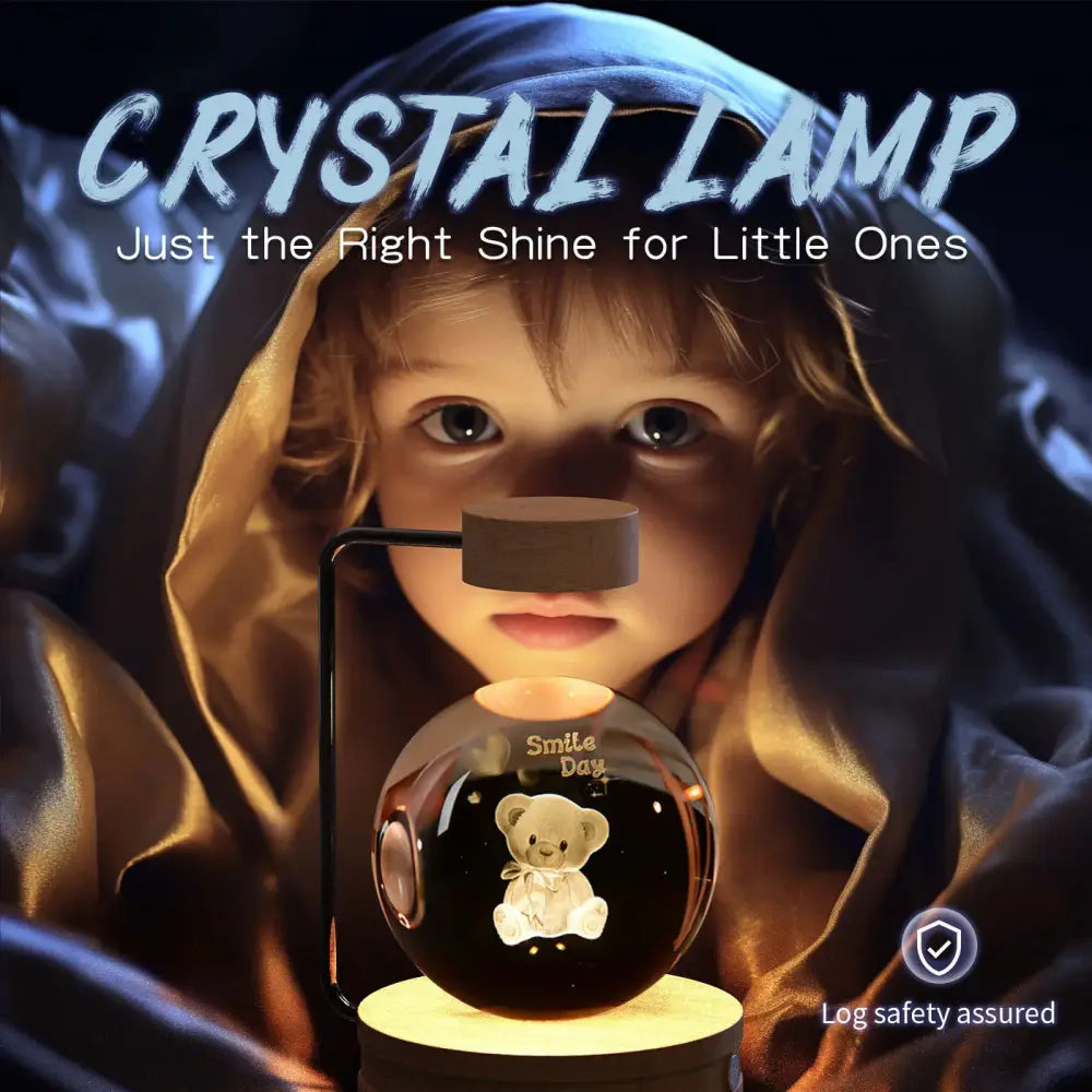 A warm glowing 3d crystal ball dinosaur night light usb lamp with engraved teddy bear smile day on clear glass sphere