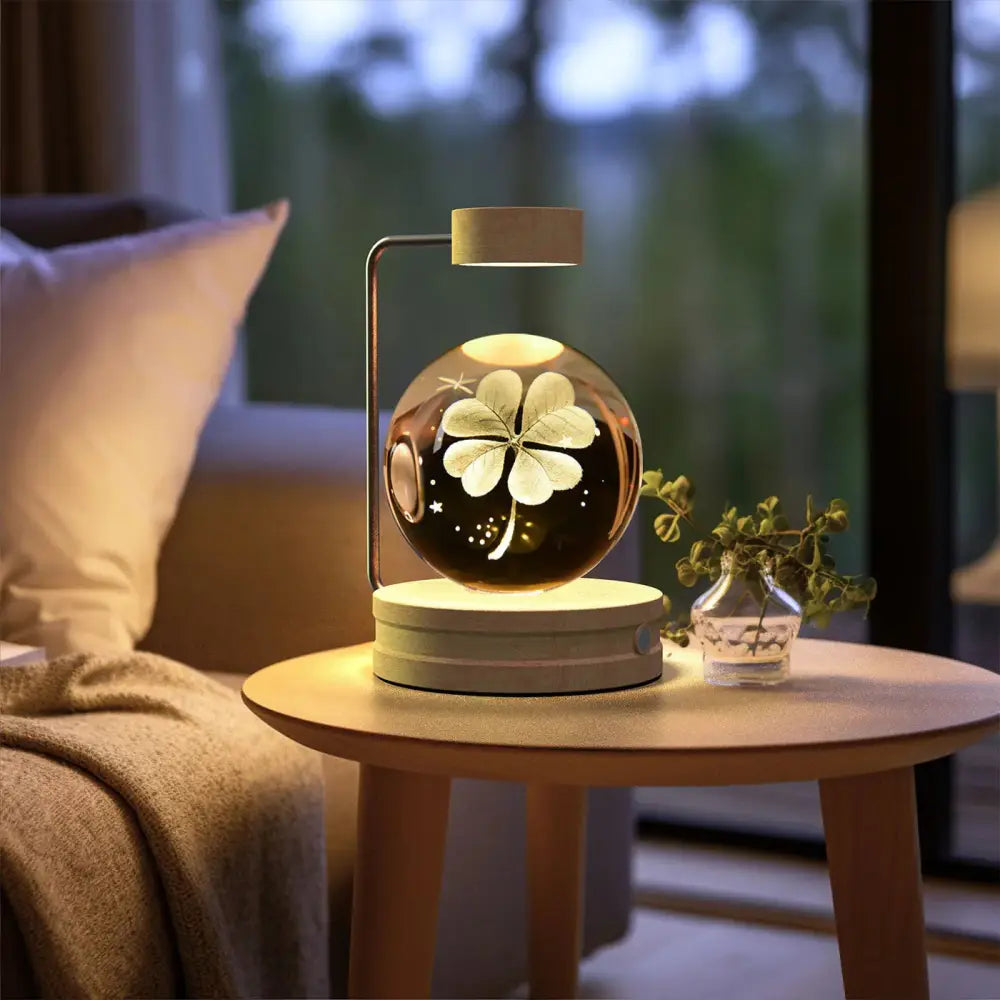 3d crystal ball dinosaur night light warm-toned led with translucent glass globe etched four-leaf clover design