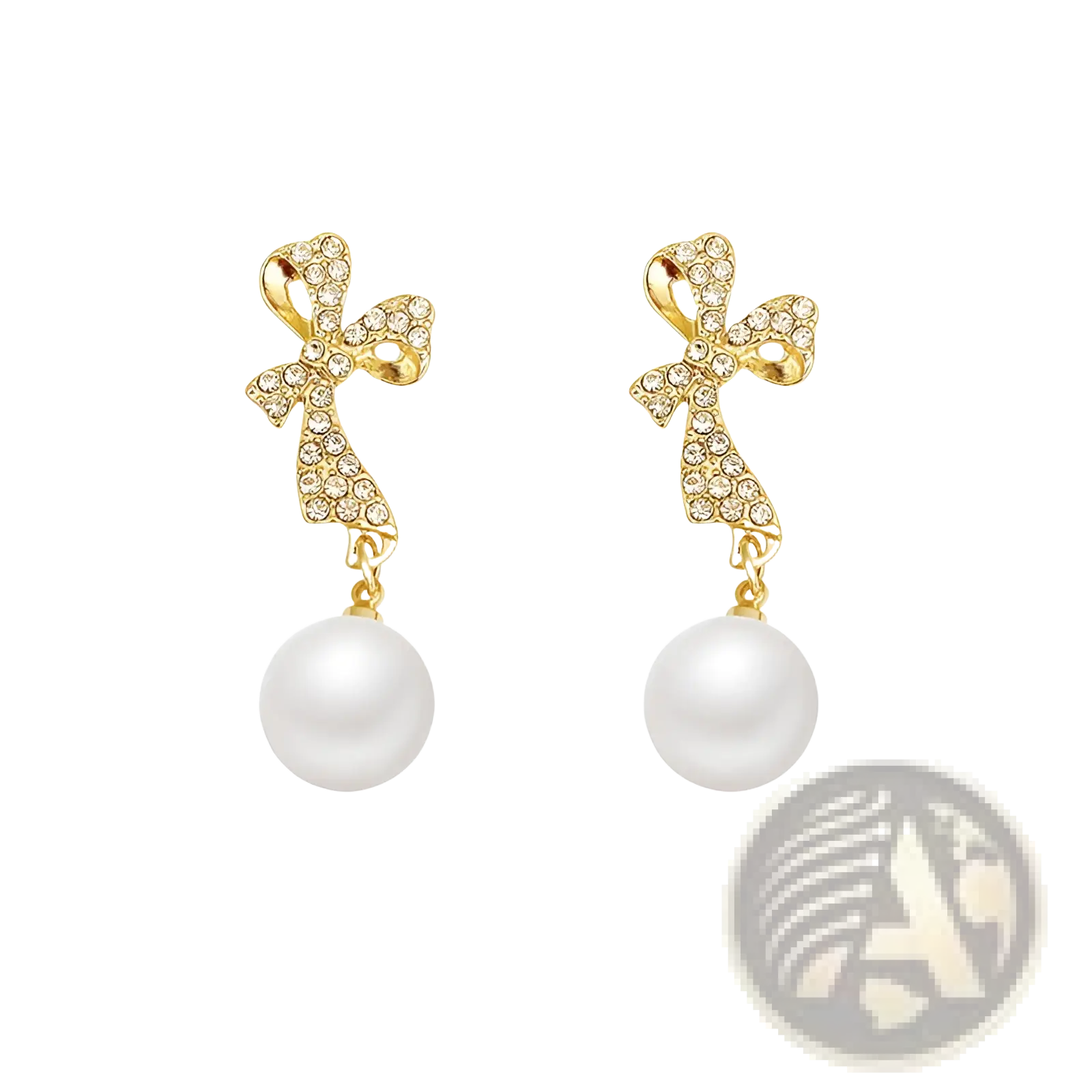 Gold crystal bow earrings with sparkling crystals and white pearl dangles in elegant gold setting