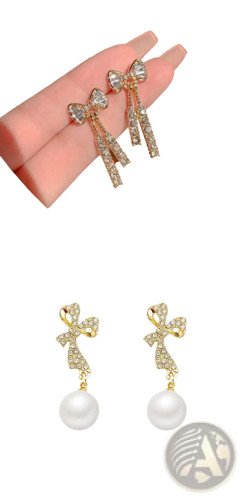 Gold bow earrings with sparkling crystals and dangling white pearls in a crystal bow and pearl dangle design