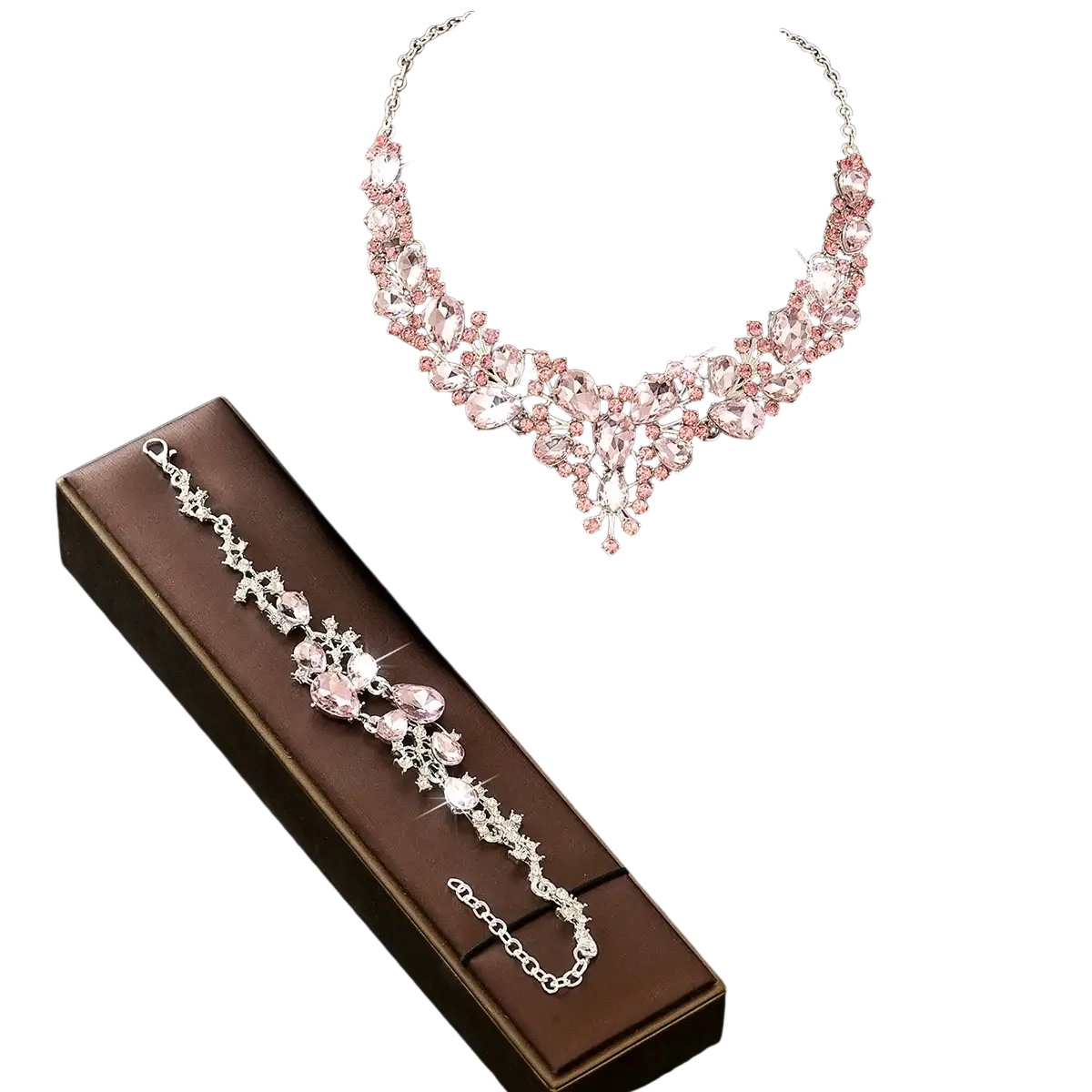 Elegant crystal bridal jewelry set featuring pink and clear crystals with silver-toned metalwork on bust display