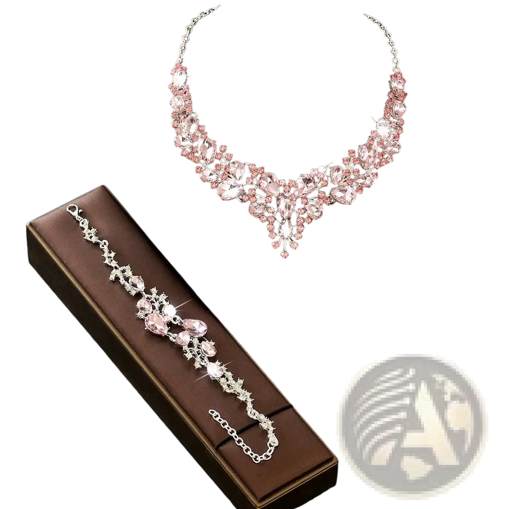 Elegant crystal bridal jewelry set featuring pink and clear crystals with silver-toned metalwork on bust display