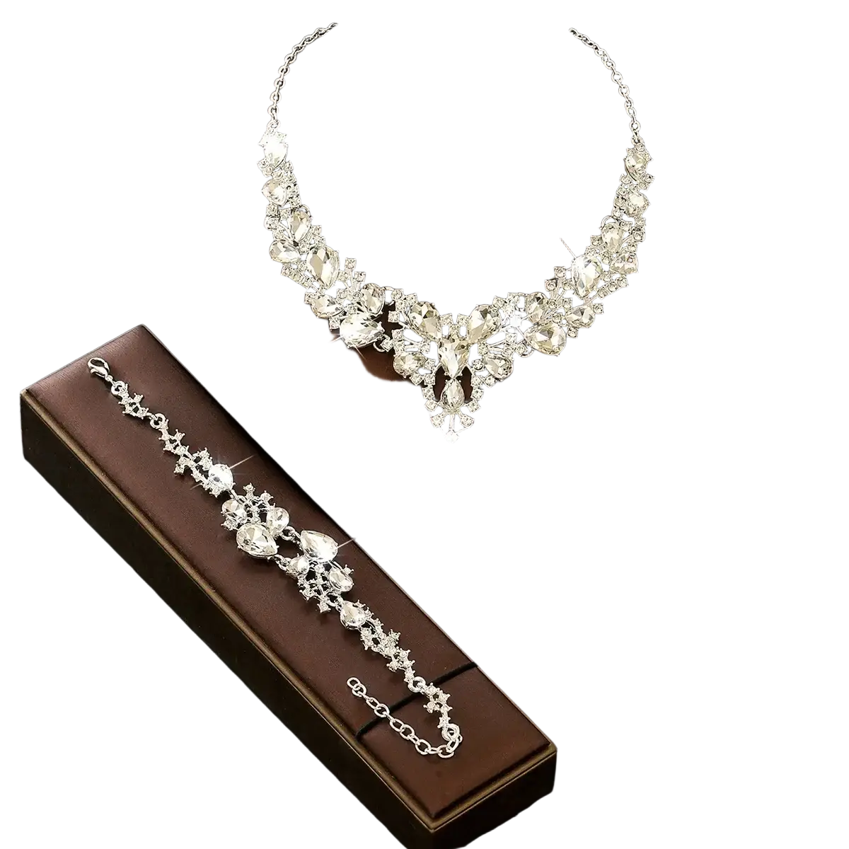 A sparkling silver v-shaped crystal bridal necklace set with intricate metalwork in pink silver finish