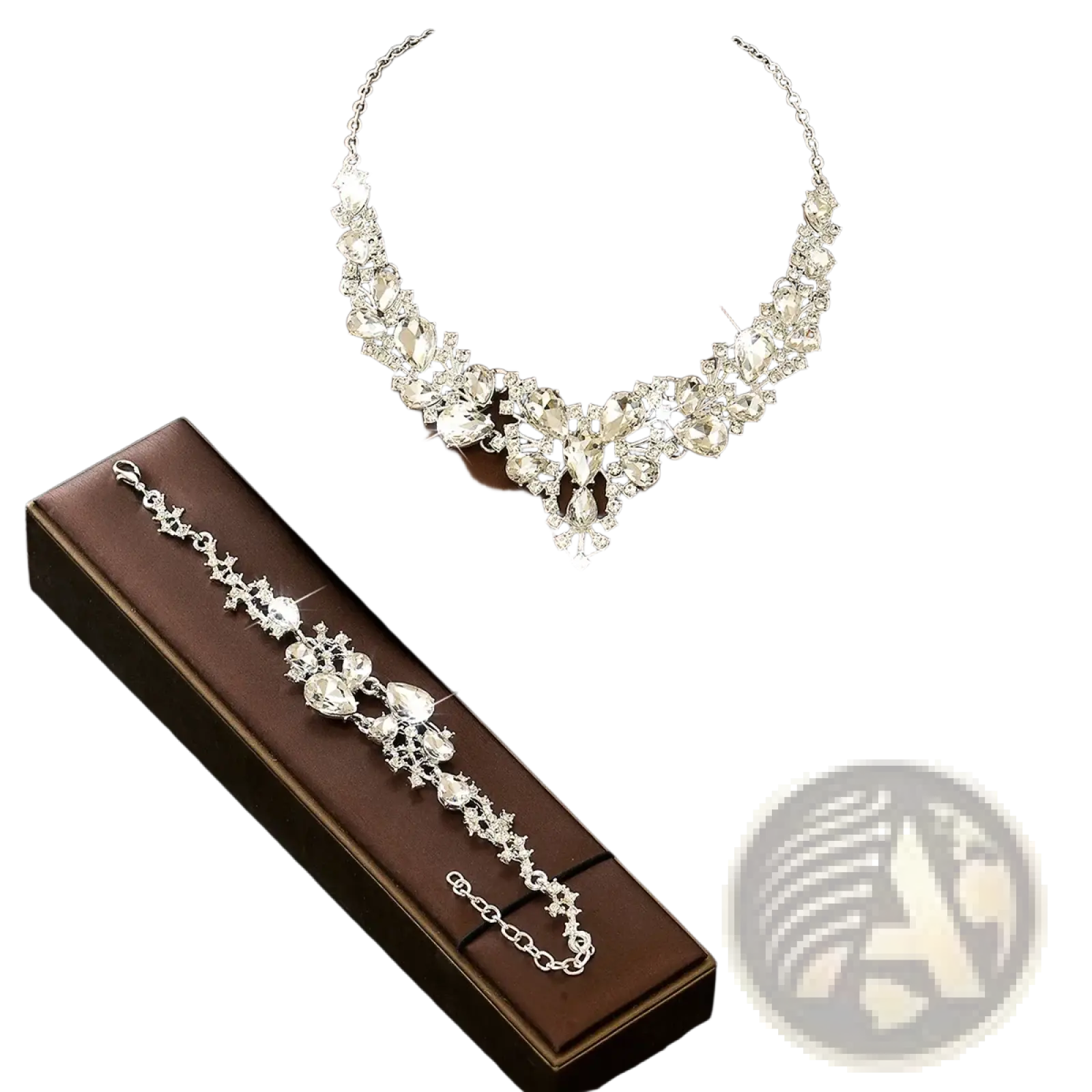 A sparkling silver v-shaped crystal bridal necklace set with intricate metalwork in pink silver finish