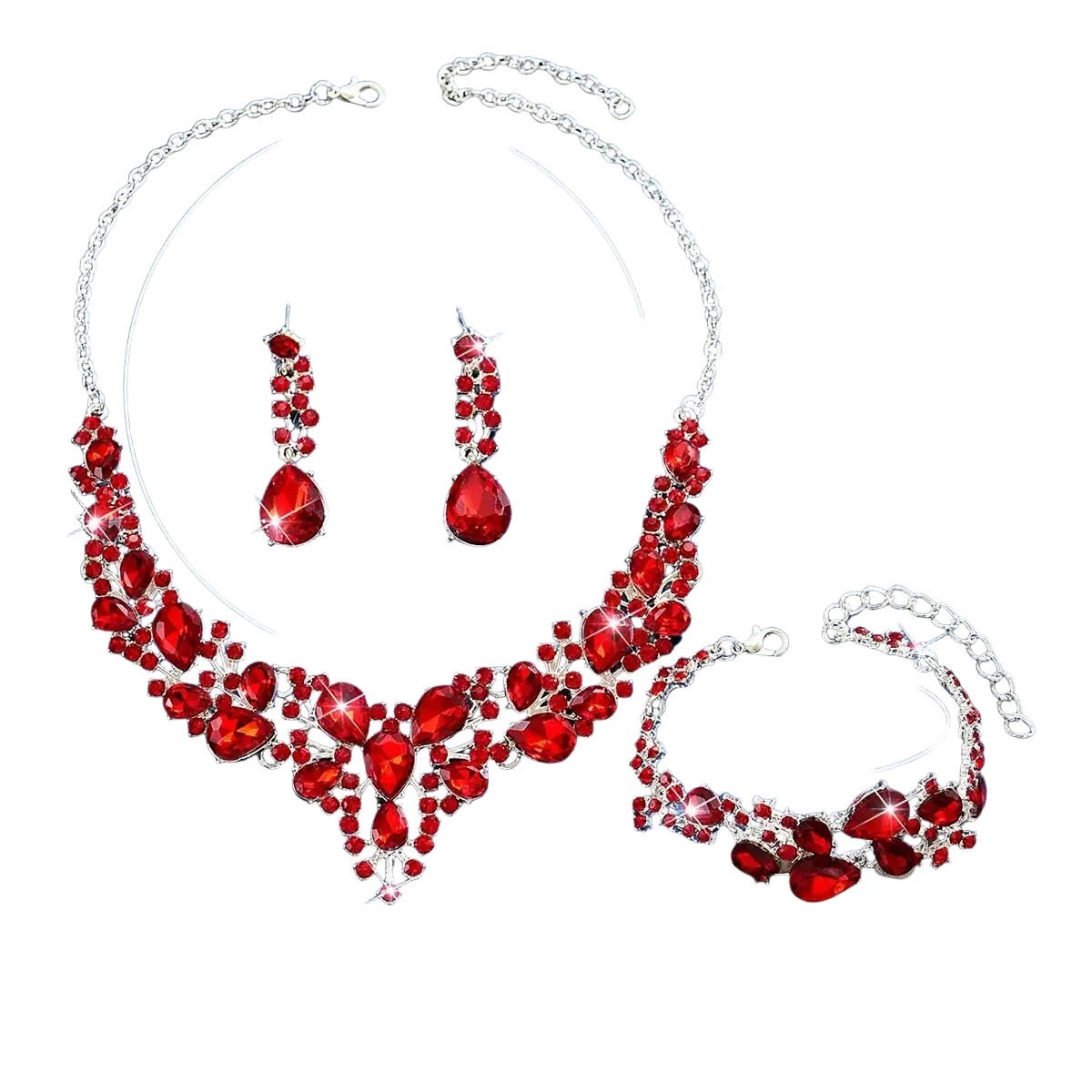 Red crystal bridal jewelry set featuring a silver chain necklace with matching earrings and bracelet in pink silver tone