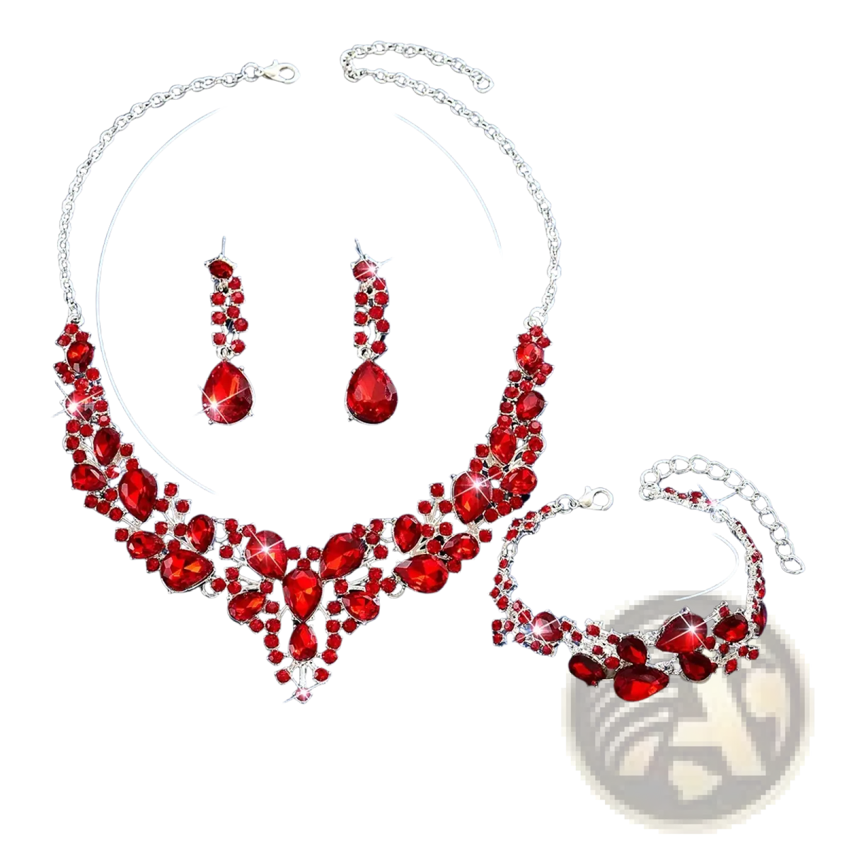 Red crystal bridal jewelry set featuring a silver chain necklace with matching earrings and bracelet in pink silver tone