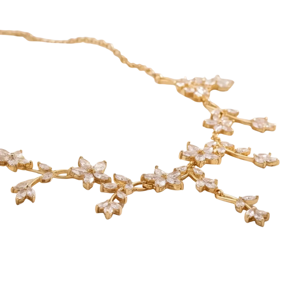 Crystal bridal necklace featuring a delicate gold-toned cascading design of clear faceted crystal flowers and leaves
