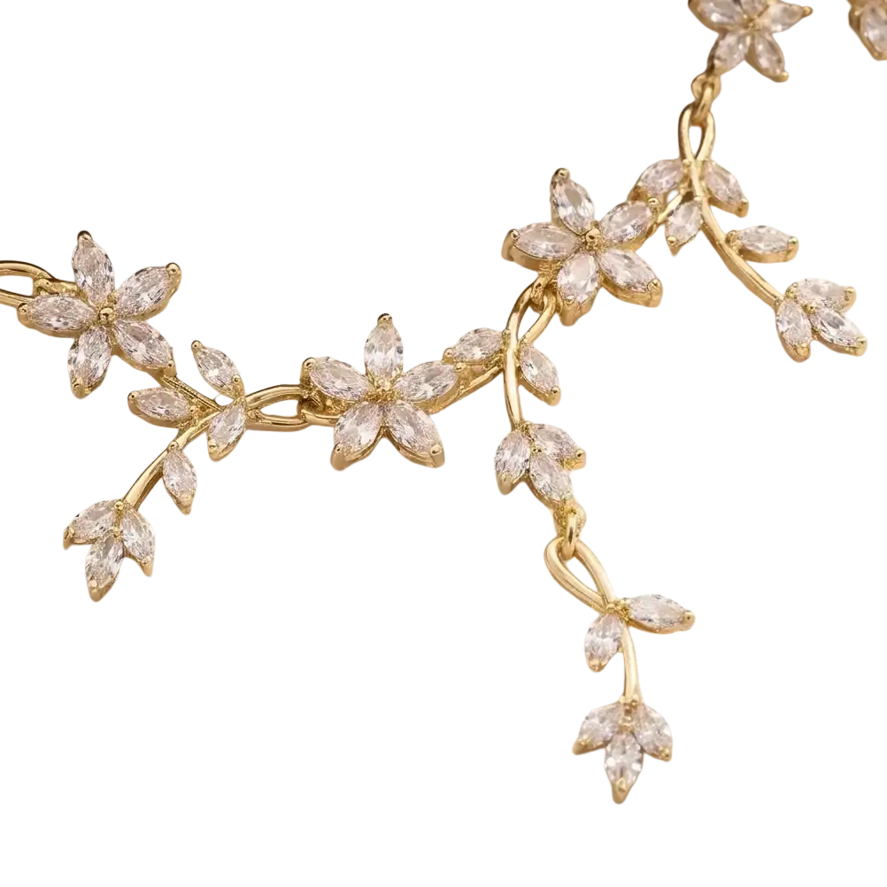 Elegant gold-toned crystal bridal necklace and earring set featuring delicate floral vine designs with clear crystals