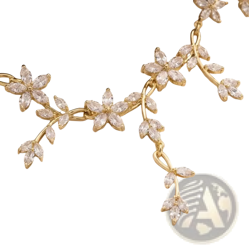 Elegant gold-toned crystal bridal necklace and earring set featuring delicate floral vine designs with clear crystals