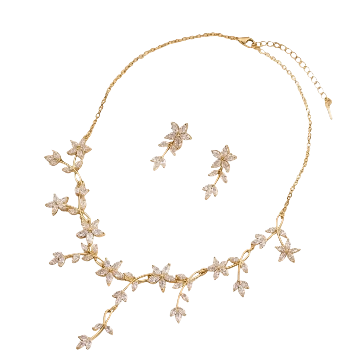 Gold-toned crystal bridal necklace and earring set with delicate floral vine design and sparkling clear crystals