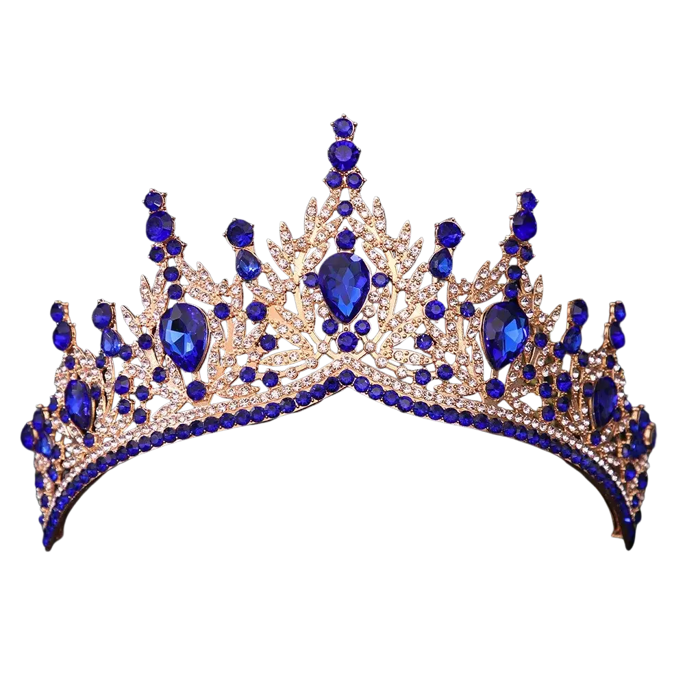 A crystal bridal tiara crown for women featuring sparkling gold with deep blue and clear rhinestone accents for weddings