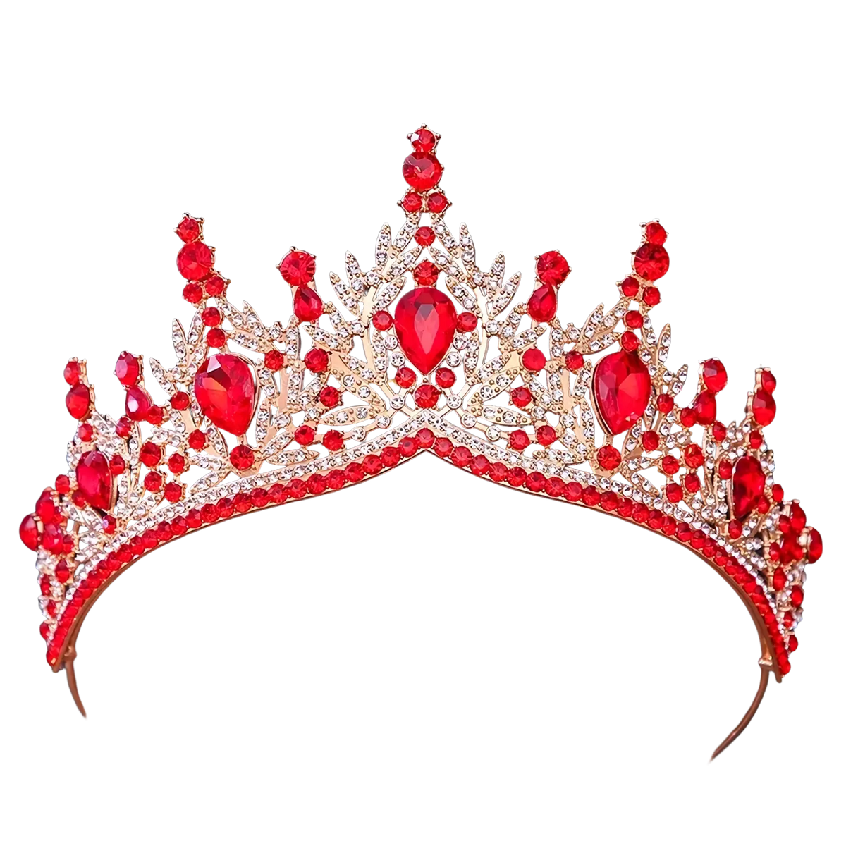 Crystal bridal tiara crown for women featuring a gold base with red teardrop crystals and clear rhinestones in a leaf design
