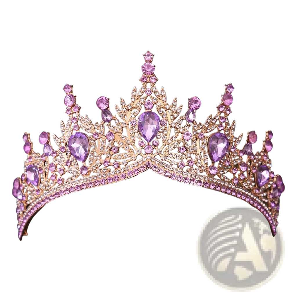A sparkling rose gold crystal bridal tiara crown with purple teardrop crystals and pink gemstones for wedding hair accessories