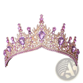 A sparkling rose gold crystal bridal tiara crown with purple teardrop crystals and pink gemstones for wedding hair accessories