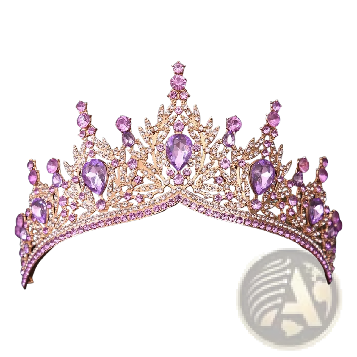 A sparkling rose gold crystal bridal tiara crown with purple teardrop crystals and pink gemstones for wedding hair accessories