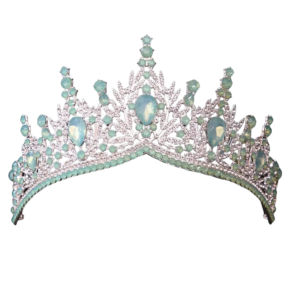 An ornate silver crystal bridal tiara crown with clear crystals and green opaline stones for wedding hair accessories