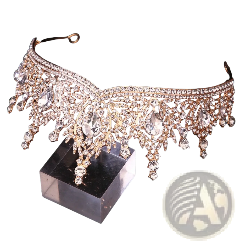 A sparkling rose gold crystal bridal tiara crown with intricate leaf and teardrop-shaped crystals for wedding hair