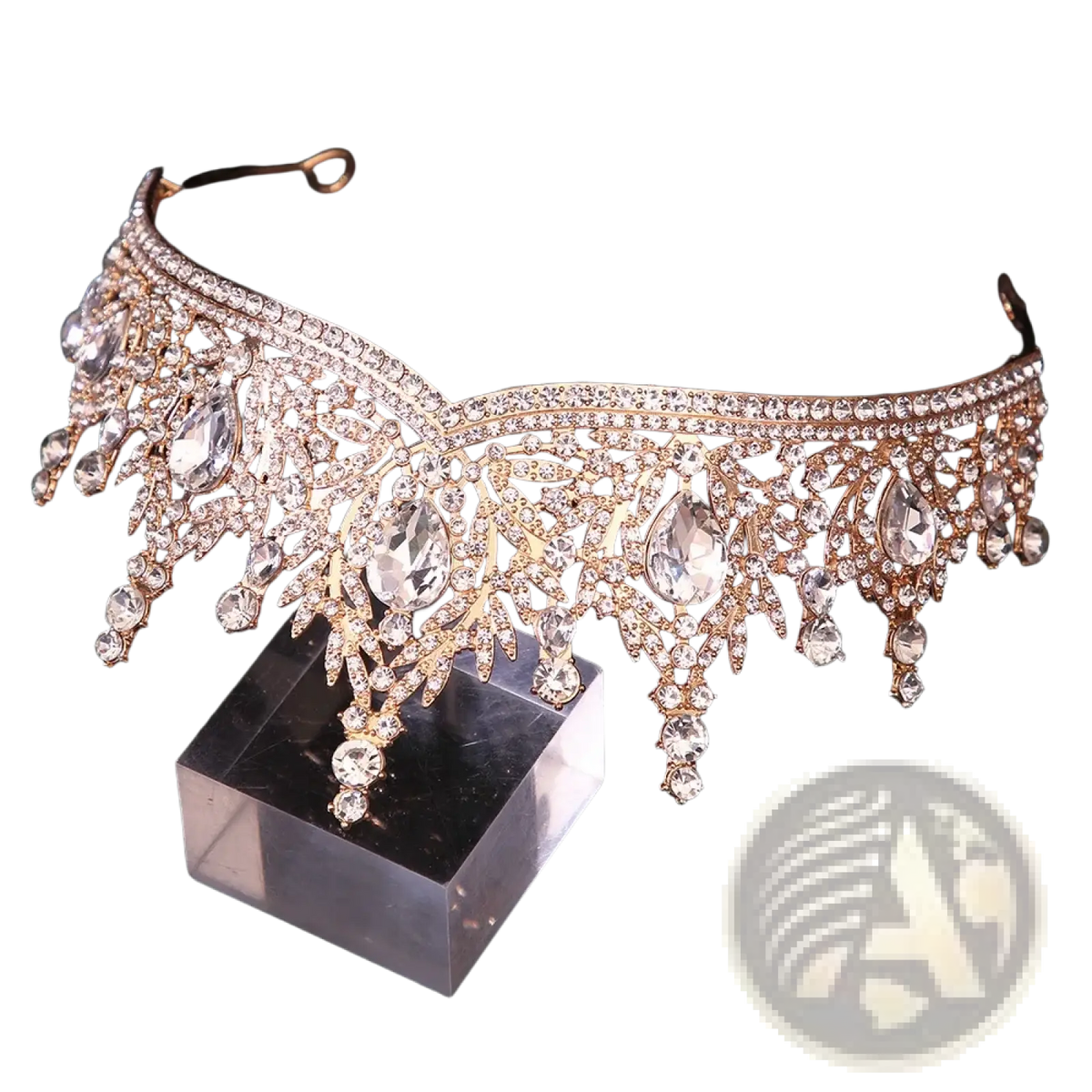 A sparkling rose gold crystal bridal tiara crown with intricate leaf and teardrop-shaped crystals for wedding hair