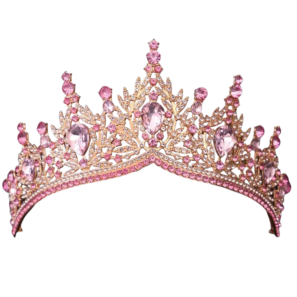 Crystal bridal tiara crown for women with sparkling rose gold metal and pink and clear crystal leafy design