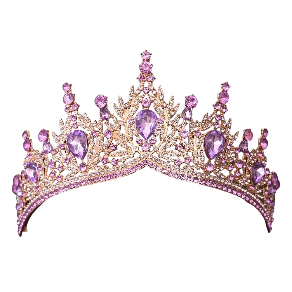 A sparkling rose gold crystal bridal tiara crown with purple teardrop crystals and pink gemstones for wedding hair accessories