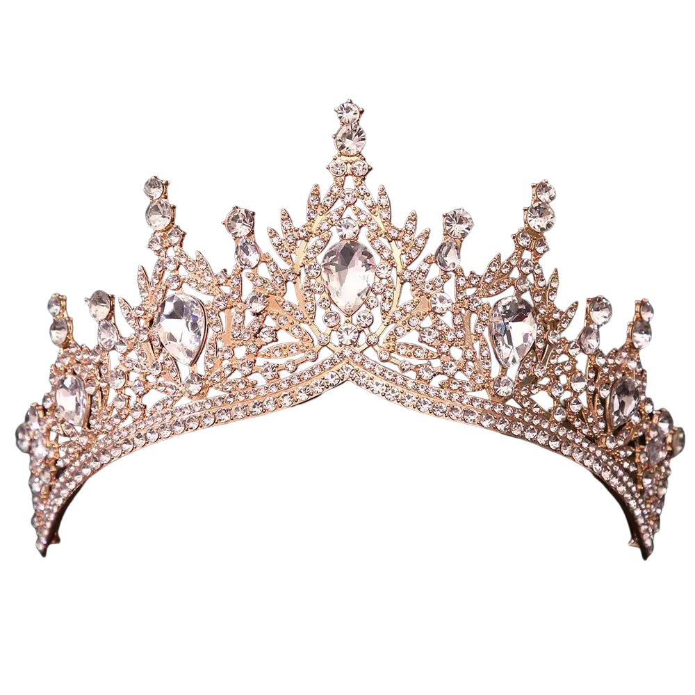 A sparkling rose gold crystal bridal tiara crown with clear crystals and pear-shaped stones for wedding hair accessories