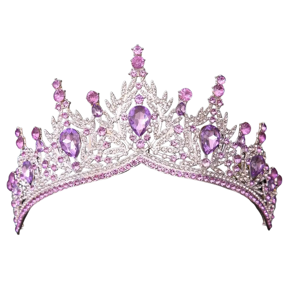 A sparkling silver crystal bridal tiara crown with purple teardrop crystals and pink gemstones for wedding hair accessories