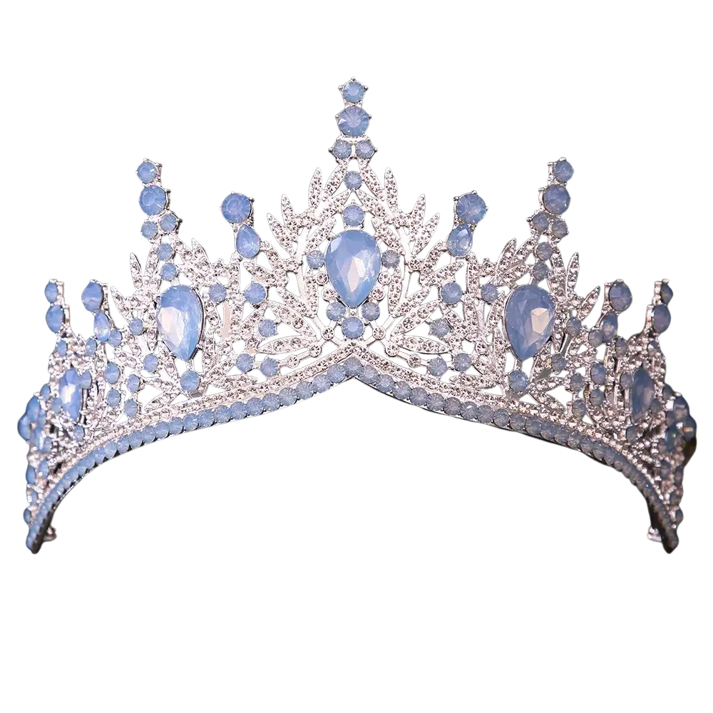 A sparkling silver crystal bridal tiara crown with light blue teardrop stones and leaf-like design for wedding hair accessories