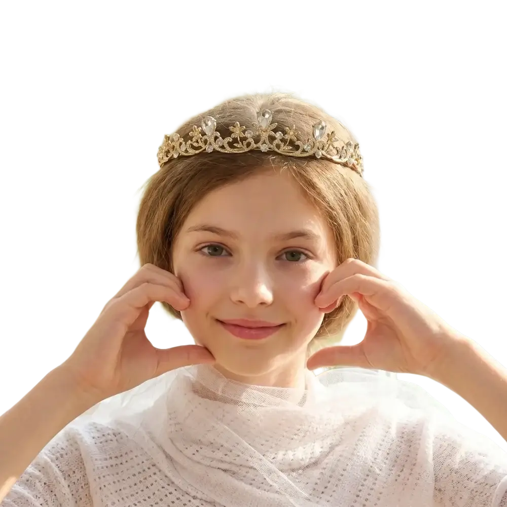 A delicate gold crystal bridal tiara with sparkling clear crystals and intricate floral detailing for weddings