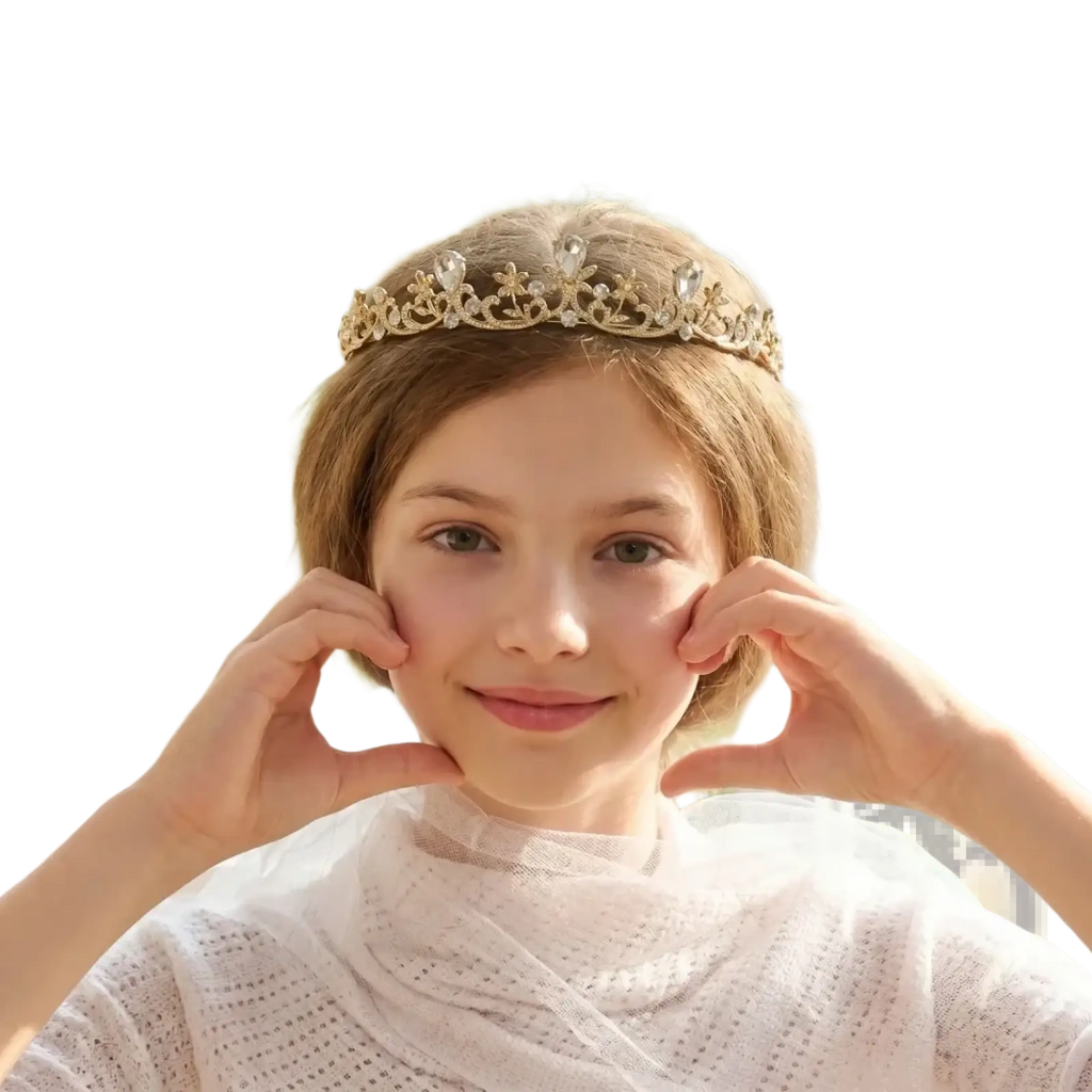 A delicate gold crystal bridal tiara with sparkling clear crystals and intricate floral detailing for weddings