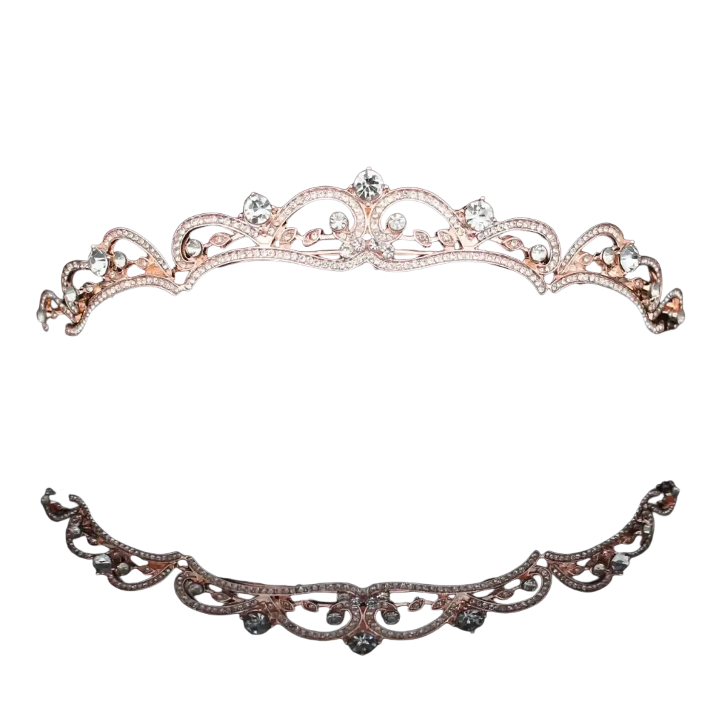 A delicate rose gold crystal bridal tiara with intricate filigree floral detailing for wedding headwear