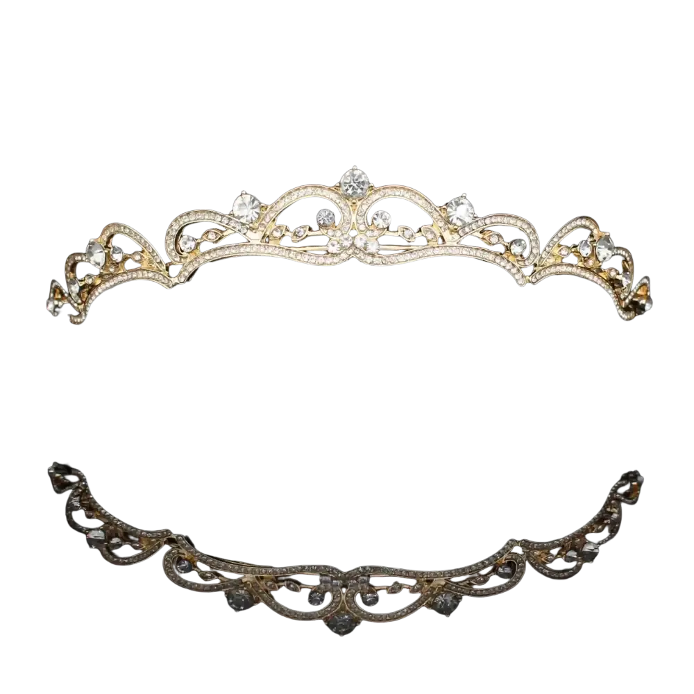 A gold-toned crystal bridal tiara with clear crystals and intricate scrollwork floral design for weddings