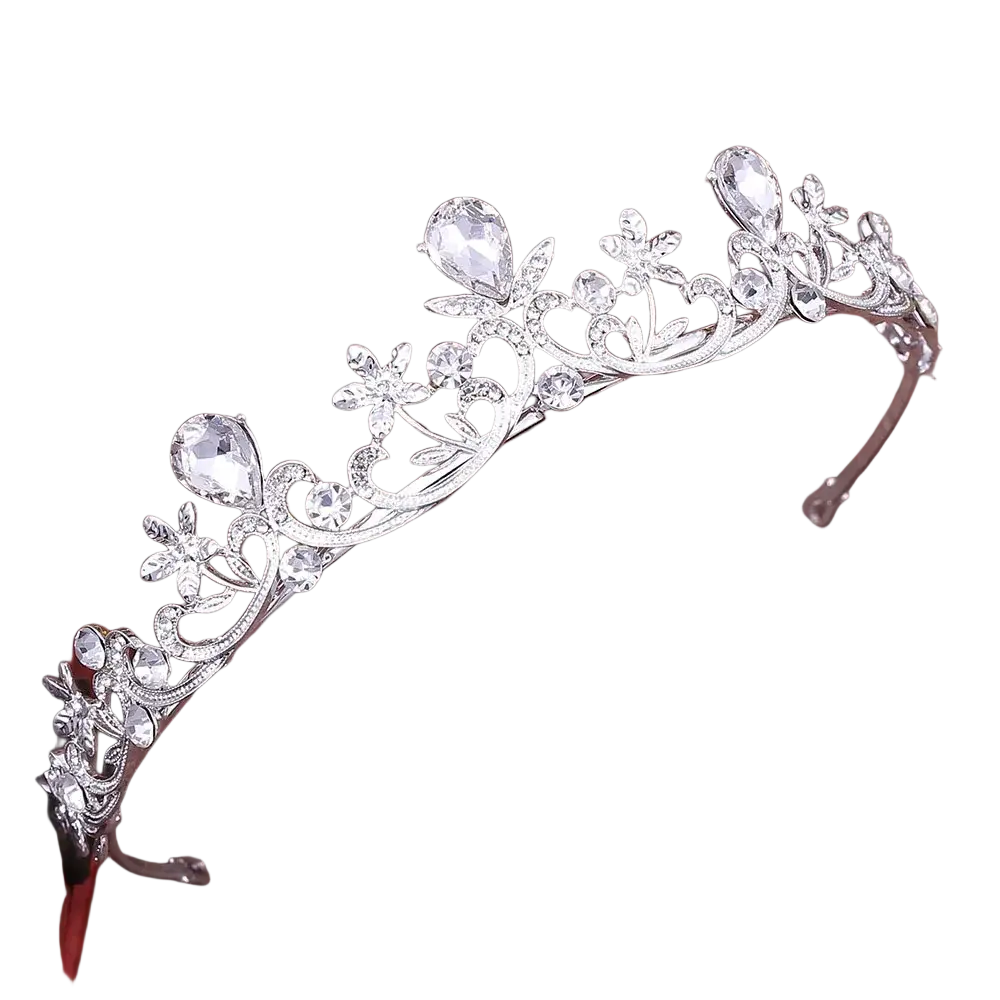 Silver floral bridal tiara with clear crystals and teardrop stones for wedding headband accessory